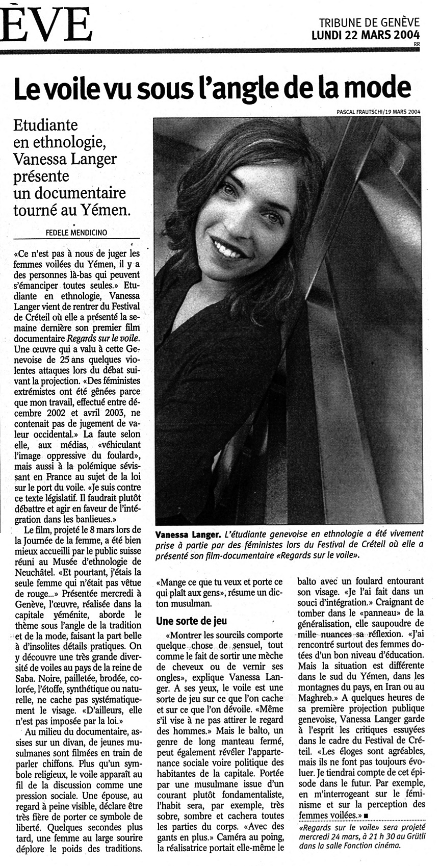 Vanessa langer, Tribune de Geneve, mars 04